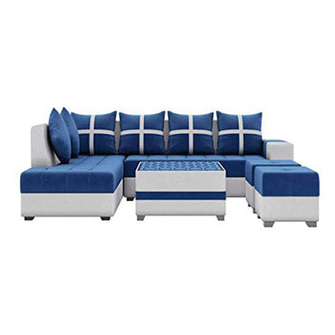Torque India Jamestown L Shape 8 Seater Fabric Sofa Set for Living Room with Center Table and 2 Puffy - TorqueIndia