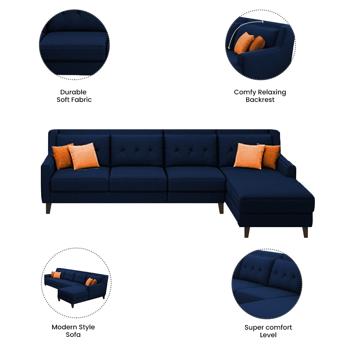 Torque India Milner L Shape 6 Seater Fabric Sofa with Ottoman For Living Room - Torque India