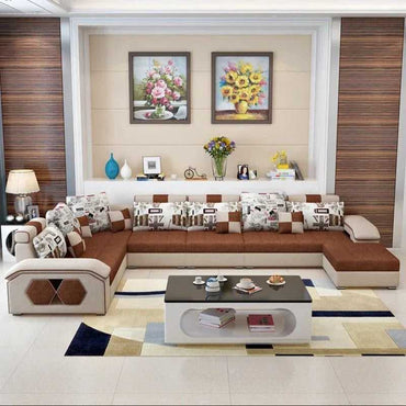 Torque India Silvester U Shape 9 Seater Fabric Sofa Set with 4 Puffy - TorqueIndia